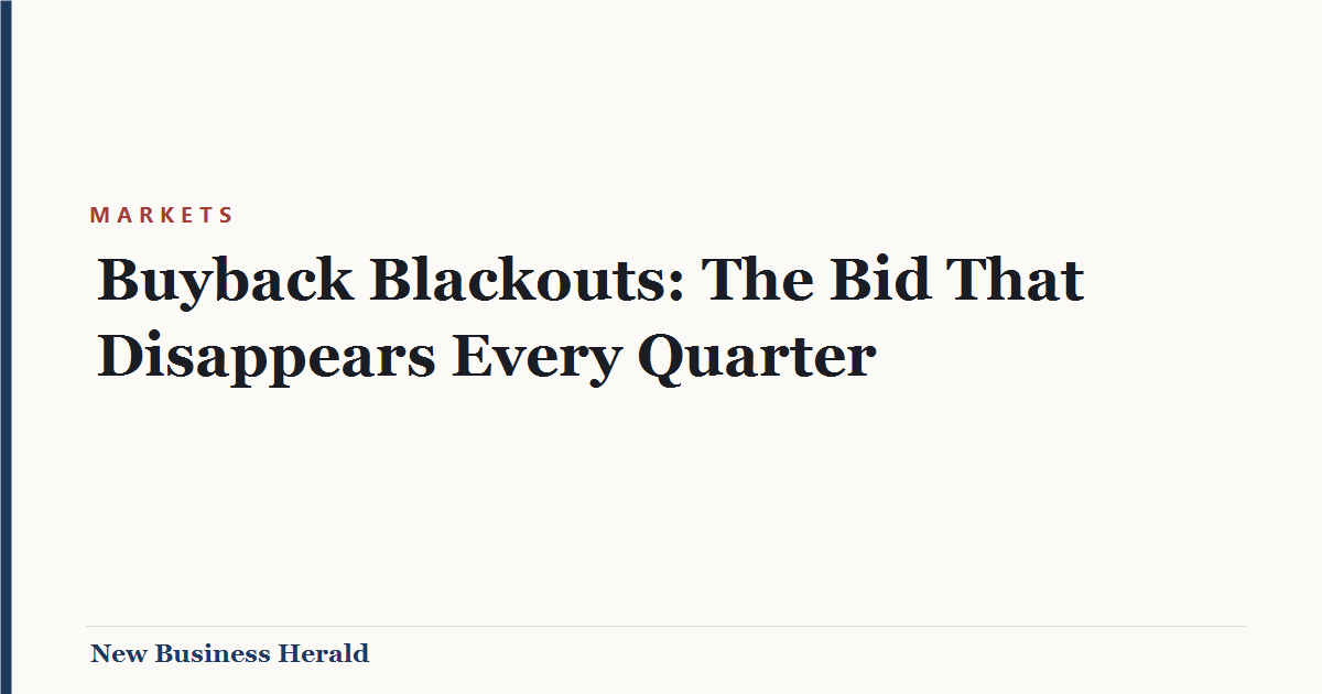 Title card: Buyback Blackouts: The Bid That Disappears Every Quarter - New Business Herald